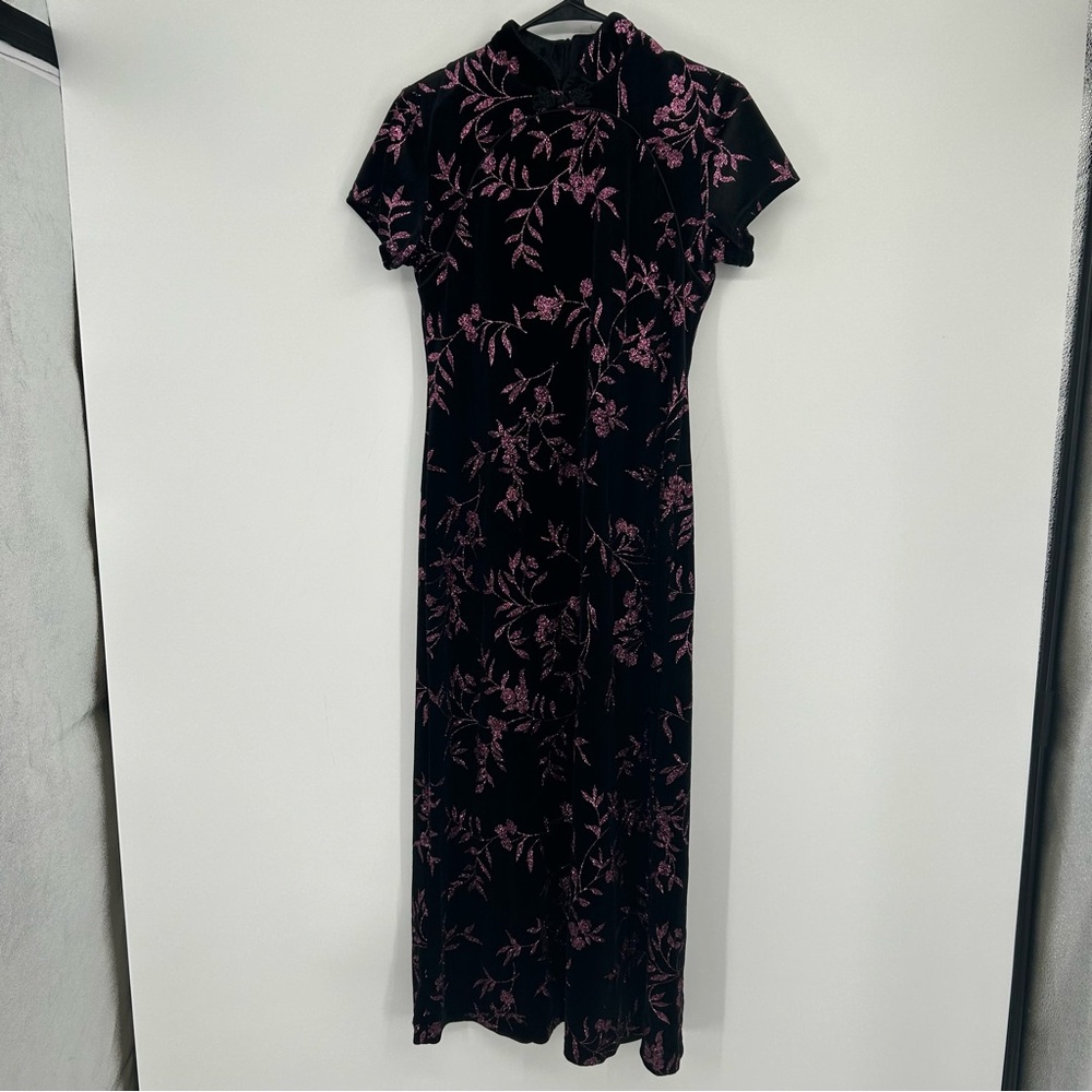 Vintage Sheri Martin Black Velvet Asian Style Pink Glitter Dress Y2K Midi 10P‎